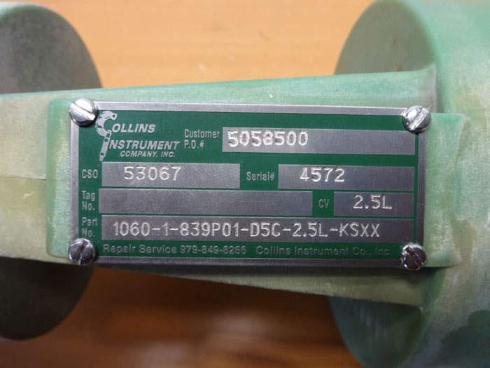 Collins Instrument 1" Plastic Control Valve #1060-1-839P01-D5C-2.5L