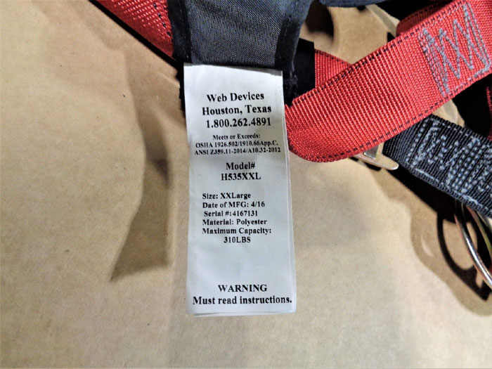 Web Devices XXL Full Body Safety Harness, 310lb Max, Poly, H535XXL *Lot of (2)*
