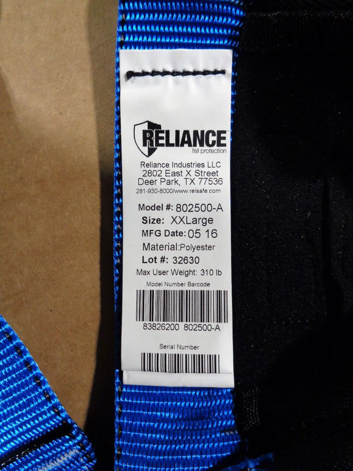 Reliance A-Series Full Body Harness, XXL, 310lb, Poly, 802500-A, *Lot of (2)*