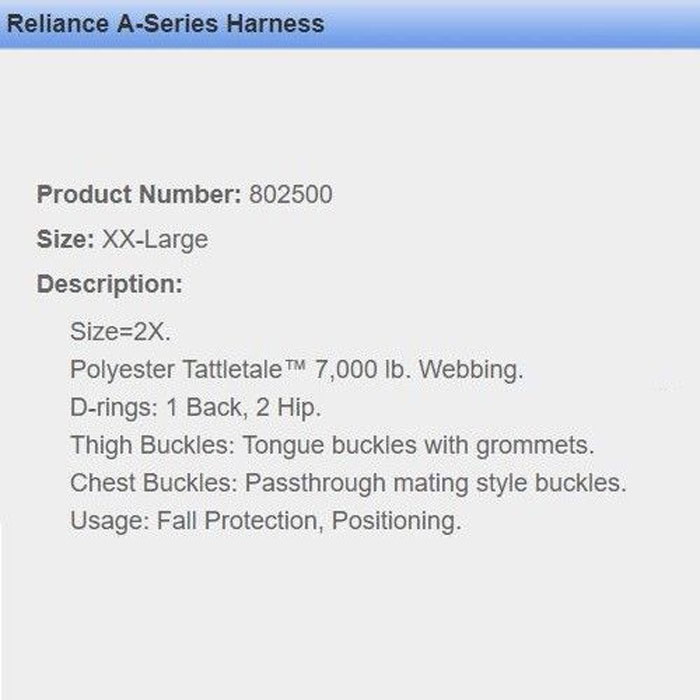 Reliance A-Series Full Body Harness, XXL, 310lb, Poly, 802500-A, *Lot of (2)*