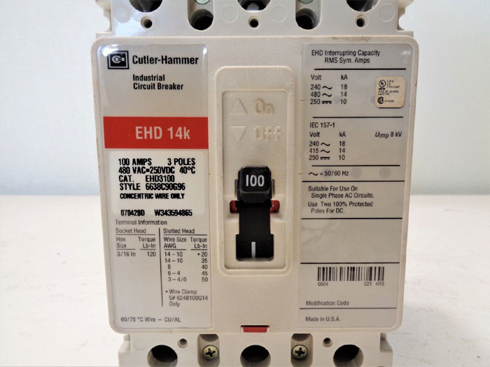 Cutler Hammer EHD 14k Industrial Circuit Breaker, 100A, 3-Pole, EHD3100