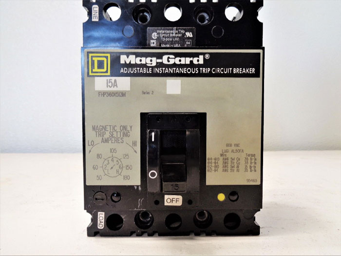 Square D Mag-Gard Circuit Breaker, 15A, 3-Pole, 600VAC, #FHP3601513M