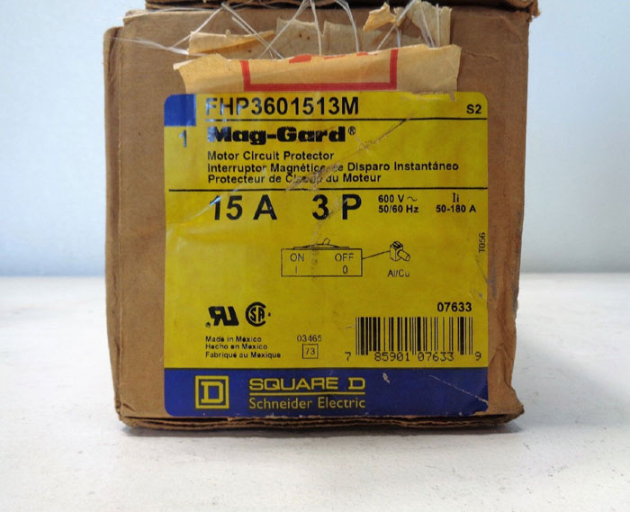 Square D Mag-Gard Circuit Breaker, 15A, 3-Pole, 600VAC, #FHP3601513M