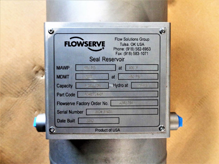 Flowserve 5 Gallon Stainless Steel Seal Reservoir, 650 PSI @ 400F, Part# A3R8794