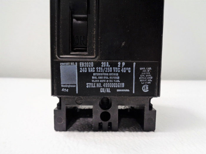 Westinghouse EB2020 Circuit Breaker, 20A, 2-Pole, 240 VAC, 125/250 VDC