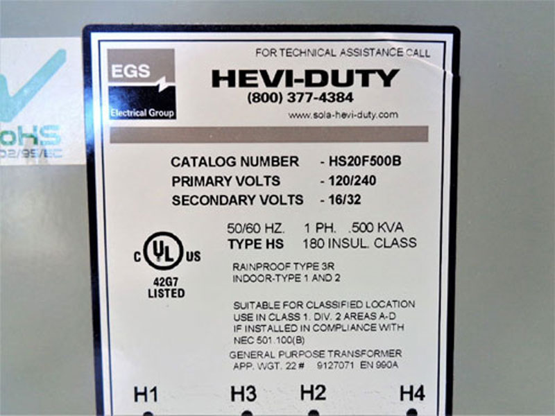 EGS SOLA Hevi-Duty Buck Boost Transformer HS20F500B