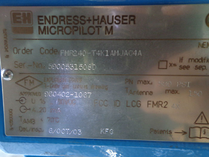 ENDRESS & HAUSER 3" 300# MICROPILOT M RADAR LEVEL FMR240-T4K1AMJAC4A