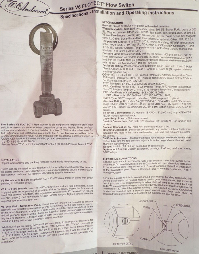W.E.ANDERSON SERIES V6 FLOTECT FLOW SWITCH V6EPS-S-S-LF