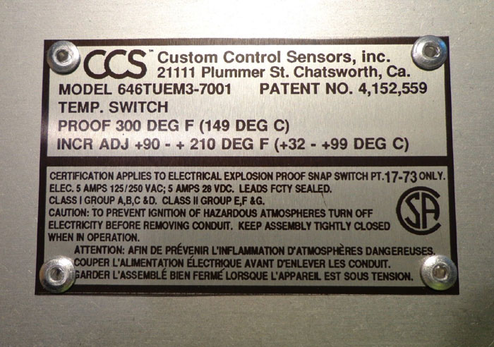 CUSTOM CONTROL SENSOR - MODEL: 646TUEM3-7001 w/ PROBE