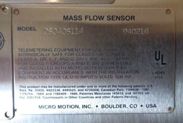 MICRO MOTION D-SERIES CORIOLIS FLOW METER DS040S114 (O)