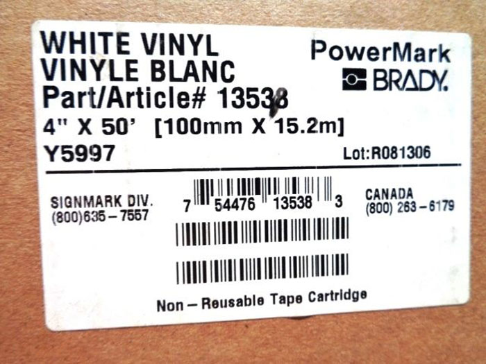 LOT OF (2) BRADY POWERMARK 13538 WHITE VINYL TAPE CARTRIDGE & 42013 RED RIBBON