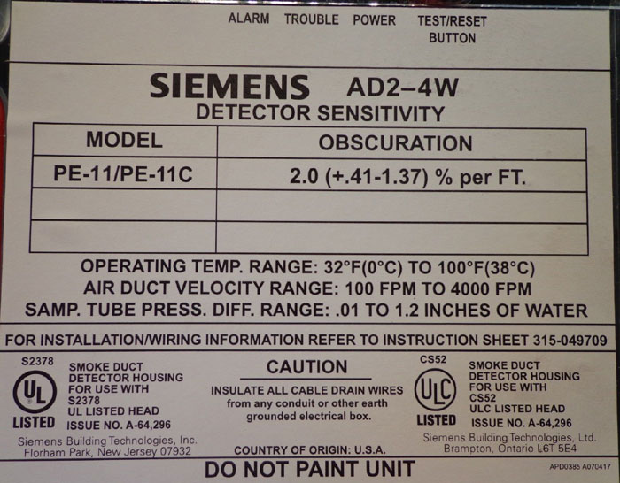 SIEMENS AD2-4W DUCT HOUSING & DETECTOR PE-11/PE-11C