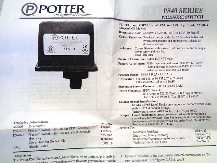POTTER HIGH-LOW PRESSURE SWITCH PS40-2