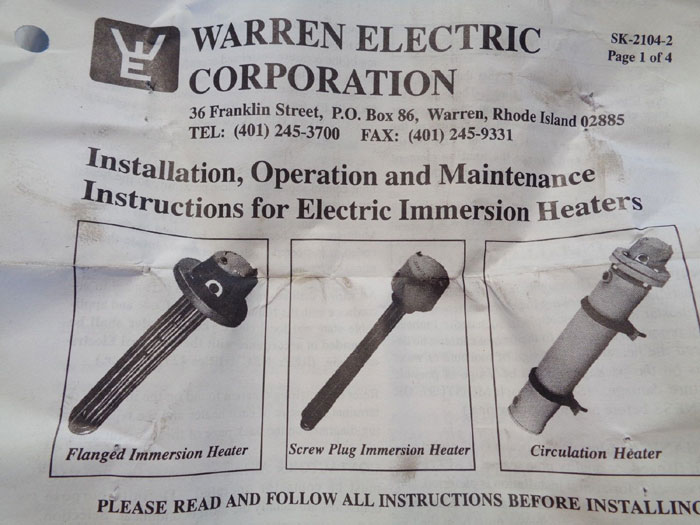 WARREN ELECTRIC SCREW PLUG IMMERSION HEATER, XRS-9-4-24SS*3