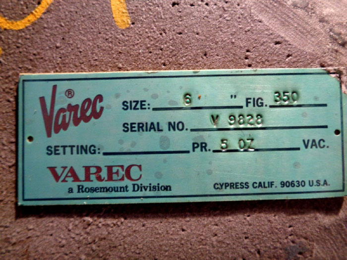 VAREC 6" VACUUM RELIEF VALVE FIG.#: 350