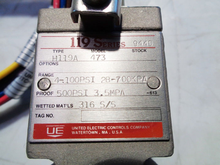 UNITED ELECTRIC FLAME PROOF PRESSURE SWITCH TYPE: H119A, MODEL#: 473