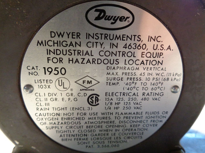 DWYER EXPLOSION PROOF DIFFERENTIAL PRESSURE SWITCH, CAT#: 195020-2F