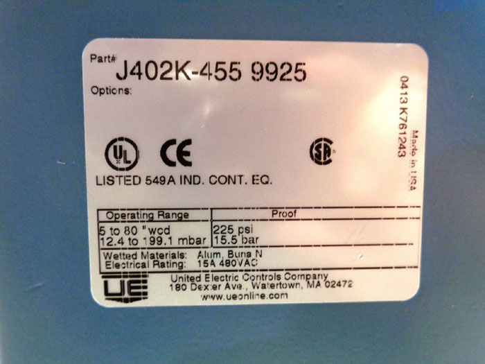UNITED ELECTRIC PRESSURE CONTROL, PART#: J402K-455 9925