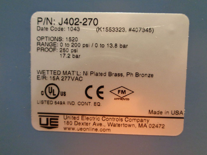 UNITED ELECTRIC PRESSURE SWITCH, #J402-270, #H400-553