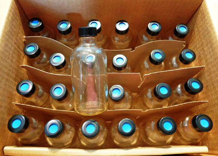 TEXAS SAMPLING INC. 4 OZ. VINYL COATED GLASS BOTTLES W/ CAP & SEPTA, LOT OF (96)