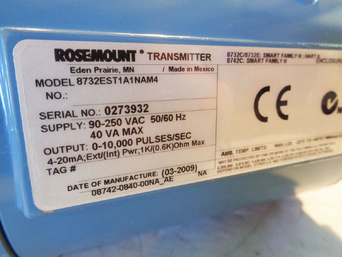 ROSEMOUNT MAGNETIC FLOWMETER - 8711TSA005U1NA