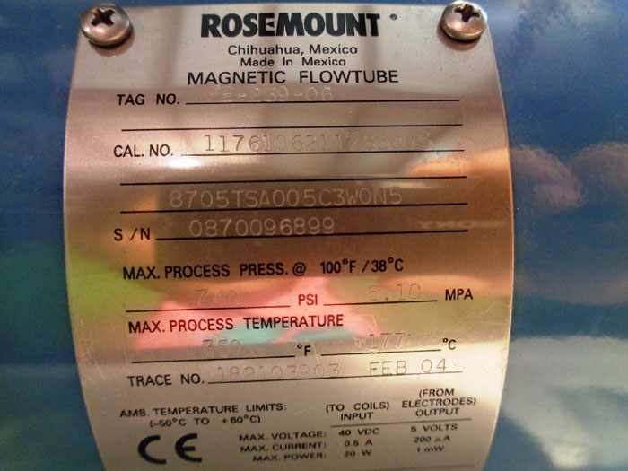 ROSEMOUNT MAGNETIC FLOWMETER 8705TSA005C3WON5