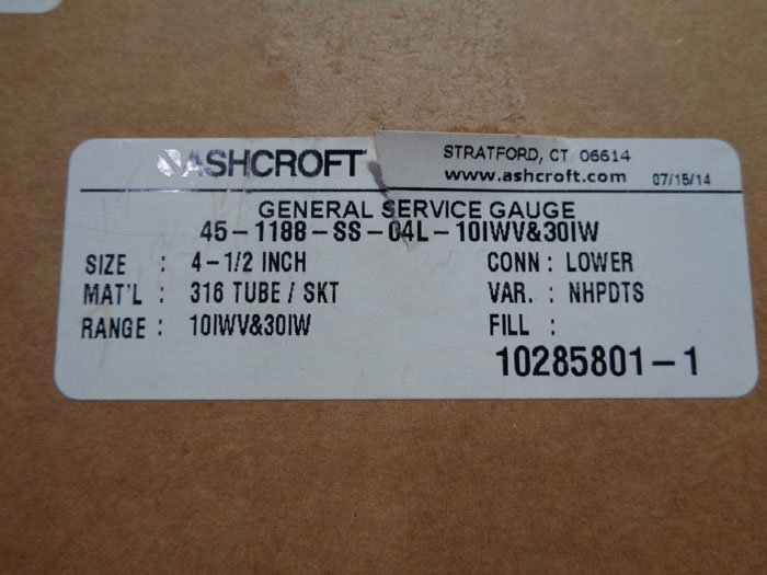 ASHCROFT GENERAL SERVICE 4 1/2" VACUUM GAUGE 45-1188-SS-04L