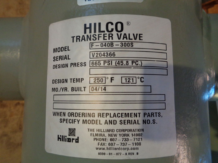 HILLARD HILCO 4" TRANSFER VALVE F-040B-300S