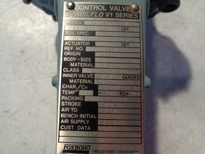 FOXBORO P-25 AIR POSITIONER STABILFLO V1 SERIES CONTROL VALVE V1S-01SNTSSEBNS-K