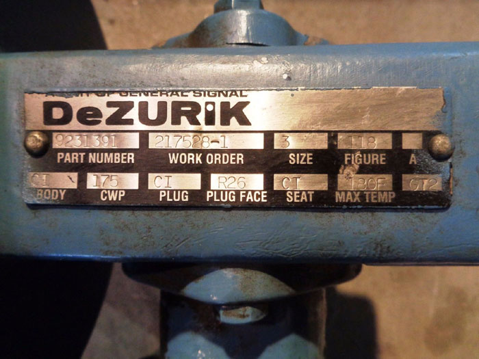 DEZURIK 3" ACTUATED FLANGED PLUG VALVE, PART:# 9231391, FIGURE#: 118