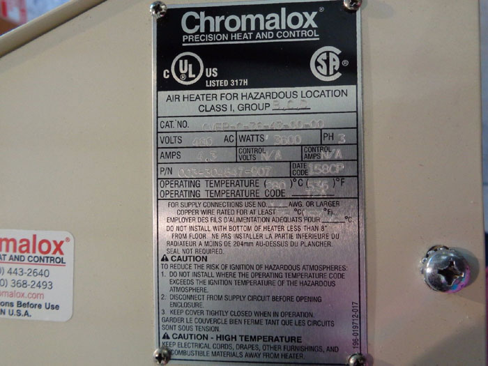 CHROMALOX CONVECTION AIR HEATER CAT#: CVEP-C-36-43-00-00, PART#: 003-304647-907