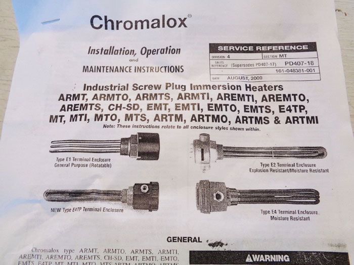 CHROMALOX SCREW PLUG IMMERSION HEATER CAT#: ARMTO-2155E2T1, PN#: 050678201