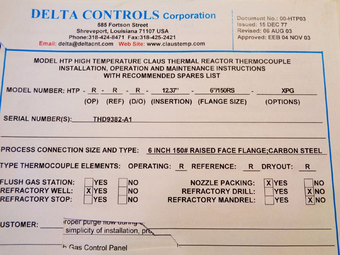 DELTA HTP HIGH TEMP CLAUS REACTOR THERMOCOUPLE HTP-R-R-R-12.37"-6"/150RS-XPG