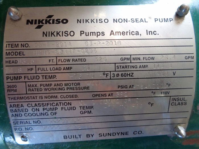 NIKKISO SUNDYNE NON-SEAL PUMP CAN # 03-P-201A C3-P-201B, MODEL#: H24C-S3NHT-02D5