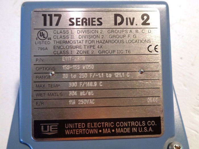 UNITED ELECTRIC CONTROLS TEMPERATURE SWITCH E117-2BSB