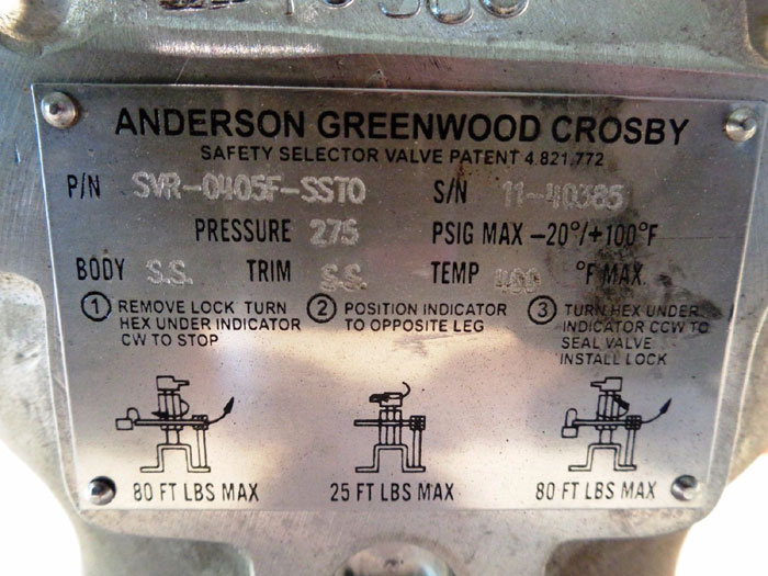 ANDERSON GREENWOOD CROSBY SAFETY SELECTOR VALVE W/ 1" 150# FLANGE SVR-0405F-SST0
