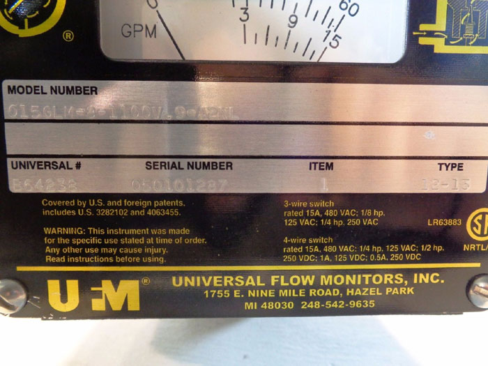 UNIVERSAL FLOW MONITORS VANE STYLE VARIABLE AREA FLOWMETER 015GLM-8-1100V.9-A2NL