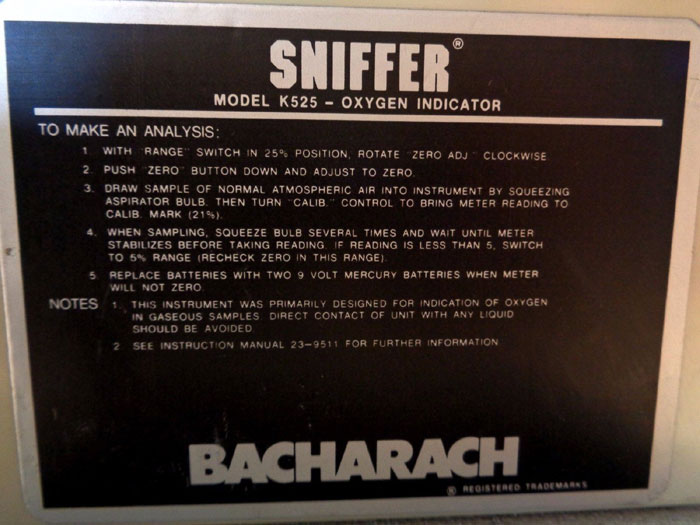 BACHARACH SNIFFER K525 OXYGEN INDICATOR, PART#: 23-7292