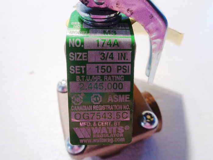 WATTS 3/4" ASME WATER PRESSURE RELIEF VALVE 174A 150 PSI MODEL#: M3