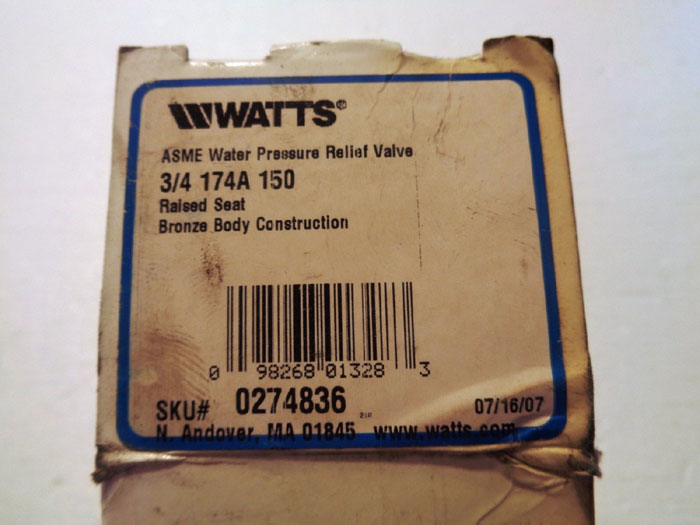 WATTS 3/4" ASME WATER PRESSURE RELIEF VALVE 174A 150 PSI MODEL#: M3