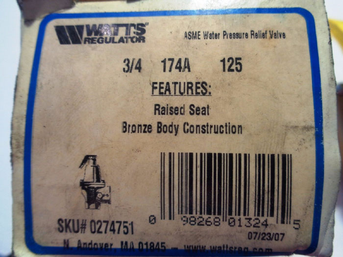 WATTS 3/4" ASME WATER PRESSURE RELIEF VALVE, 125 PSI, RAISED SEAT 174A, 0274751