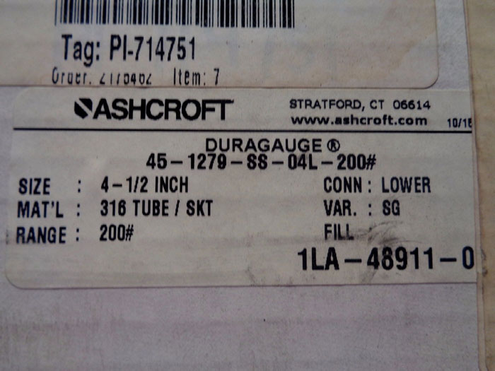 ASHCROFT DURAGAUGE 4-1/2" MODEL#: 45-1279-SS-04L-200# W/DIAPHRAGM 200