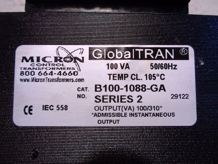 LOT OF (6) MICRON CONTROL TRANSFORMERS GLOBALTRAN 100VA, CAT#: B100-1088-GA