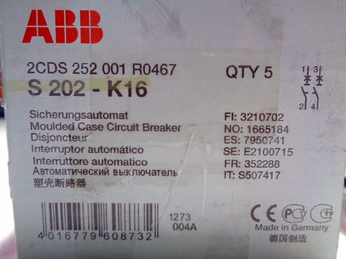 LOT OF (5) ABB MINATURE CIRCUIT BREAKER S 202-K16