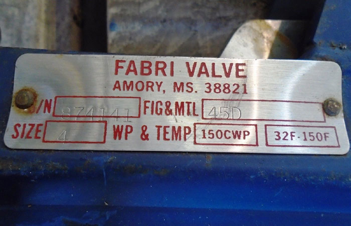 FABRI VALVE 4" KNIFE GATE W/ LEVER ASSEMBLY, FIG# 45D