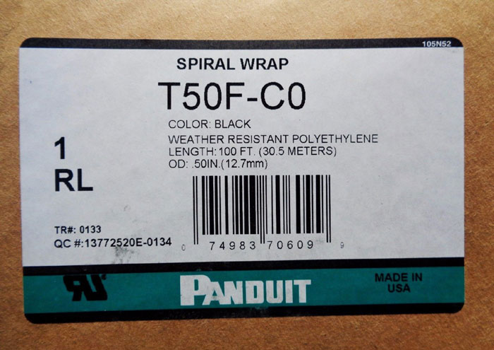 PANDUIT BLACK CABLE WIRE WRAP .50" X 100' SPOOL #T50F-C0