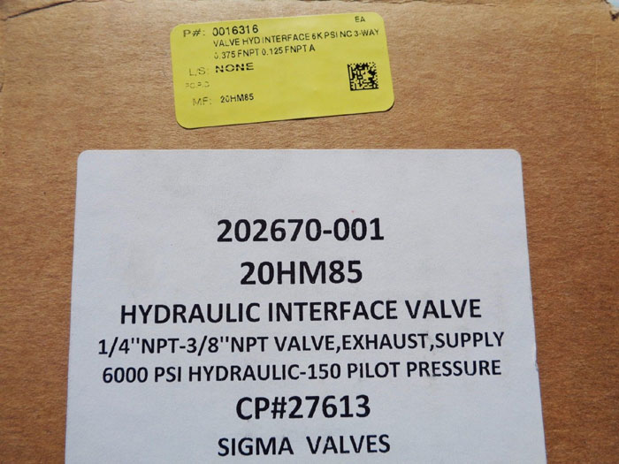 SIGMA VALVES STAINLESS STEEL HYDRAULIC INTERFACE VALVE 20HM85