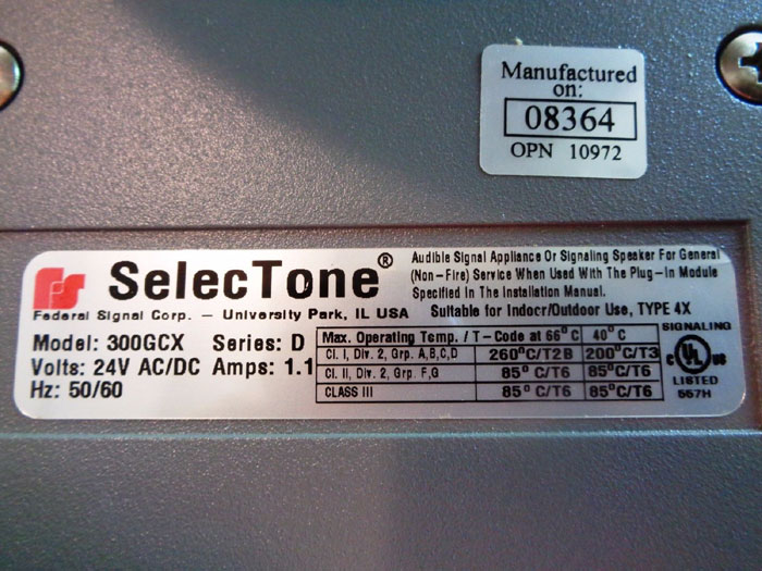 FEDERAL SIGNAL CORP. SELECTONE SIGNAL SPEAKER FOR GENERAL SERVICE, 300GCX-024