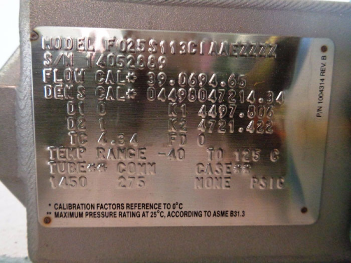 MICRO MOTION F SERIES 1/2" 150# CORIOLIS FLOW METER, MODEL#: F025S113CIAAEZZZZ