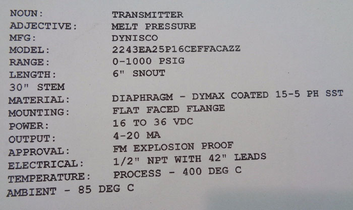 DYNISCO 1,000 PSIG MELT PRESSURE TRANSMITTER #2243EA25P16CEFFACAZZ